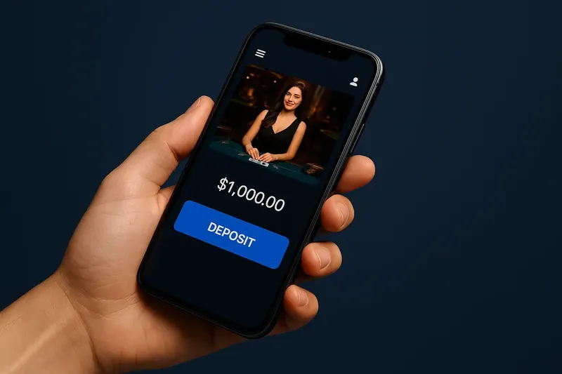 Hand holding smartphone showing dark casino app with live dealer preview