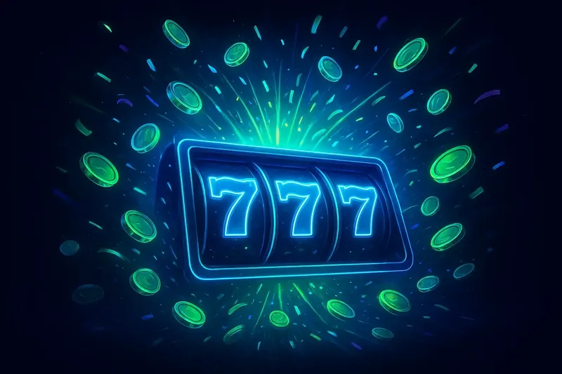 Glowing slot reels with massive win, coins and confetti bursting outward