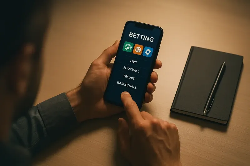Man's hands using betting app on phone at desk from above