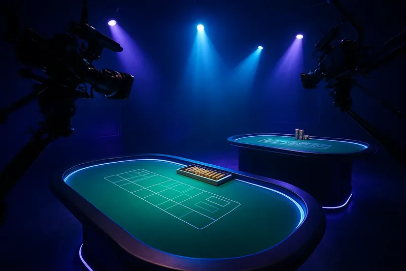 Live Casino Studio Overhead live casino studio with dealer tables, cameras, green felt, gold chips