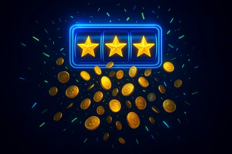 Jackpot Coin Cascade Golden coins raining over winning slot screen with stars and confetti